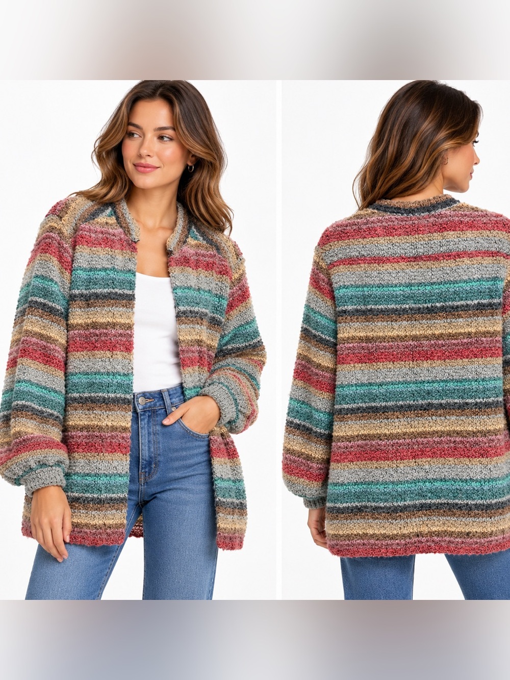 Vintage Koret Made in USA Multicolor Fuzzy Striped Open Front Cardigan Jacket